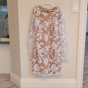 Dress the Population white and tan sequin dress.